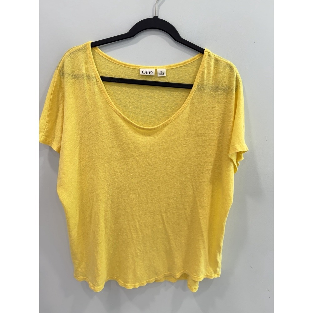 Cato Yellow Linen V Neck Oversized Top XL Relaxed Short Sleeve Casual Shirt Tee
